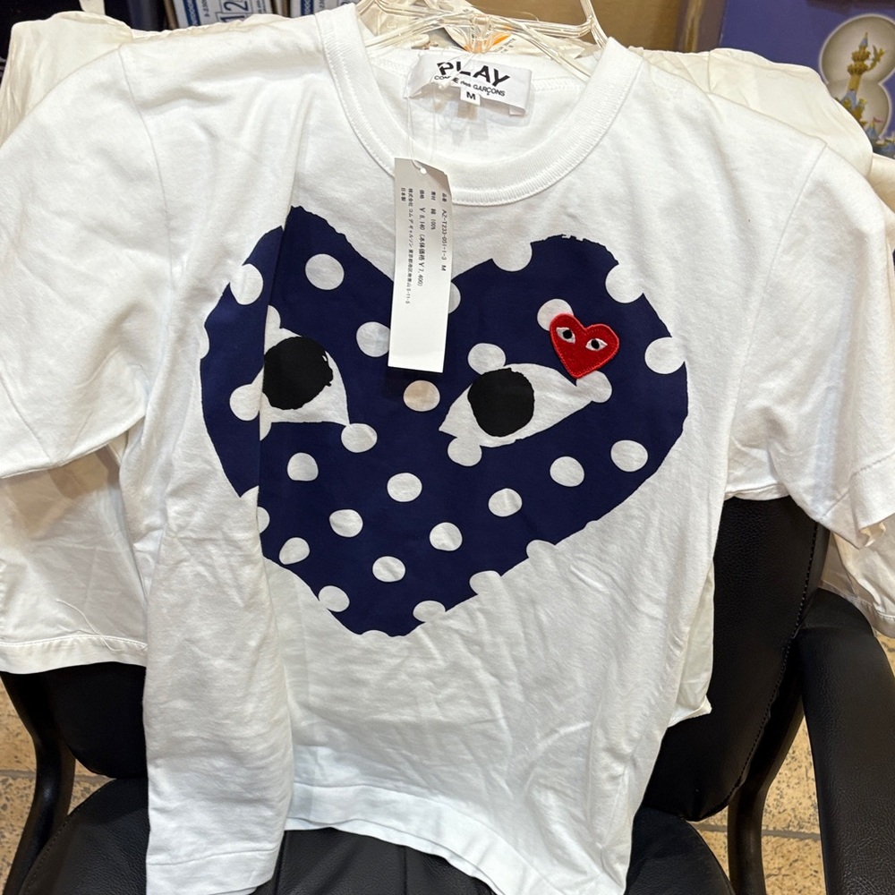 Comme des Garcons PLAY White and Blue Polka Dot Heart Top